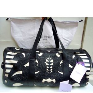 RARE Balmain Paris Weekender Bowling Bag Leather Black White Embossed Duffle